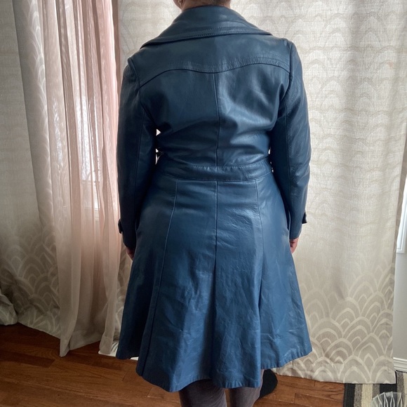 Vintage leather dress coat double breasted with belt steel blue size 12-14 - Picture 9 of 13